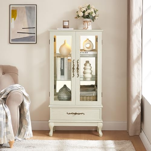Image of 51 inch H Lighted Curio Cabinet Display Case, Glass Curio Cabinet with Adjustable Shelves,Tempered Glass Door and Drawer, Wooden Cabinets w /Mirrored Back Pane for Living Room (Antique White)