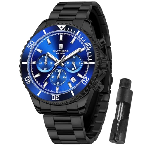 SAPPHERO Uhren Herren Chronograph Analog Quarz 50M Wasserdicht Armbanduhr Herren Mode Lässig Business Herrenuhren mit Kalender Edelstahlarmband Uhr Geschenk für Männer