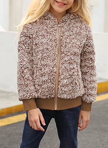 Comxiao Girls Fleece Hooded Jackets Faux Fur Zip Up Pocket Sherpa Coats Snowsuit Outerwear Brown 8Y-9Y #TOP1