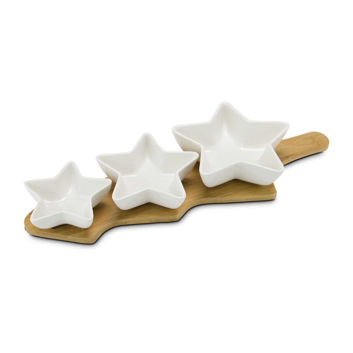 ROMINOX Tre Stella Set 4 Ciotole In Ceramica Su Tagliere Bambù - Vassoio Porta Snack Con Manico, 42x15,5x5,3 Cm, Ideale Per Aperitivi, Biscotti E Salse