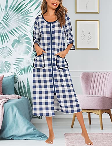Image of Veseacky Women Robe Zipper Front House Coat 3 /4 Sleeve Nightgown Full Length Ladies Lounge Dress with Pockets S-XXL