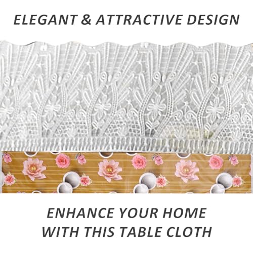 Image of Dakshya Industries 6 Seater PVC Waterproof Dining Table Cover 60x90 Inch | Floral Printed Washable Table Cloth with Lace Border