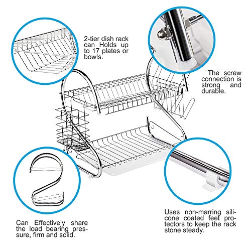 2-Tier Dish Drying Rack Chrome Plated with Drain Board Dish Drying Rack Storage Organizer with Utensil Cutlery Holder Cleaning Cloth for Kitchen Countertop - Thumbnail 4