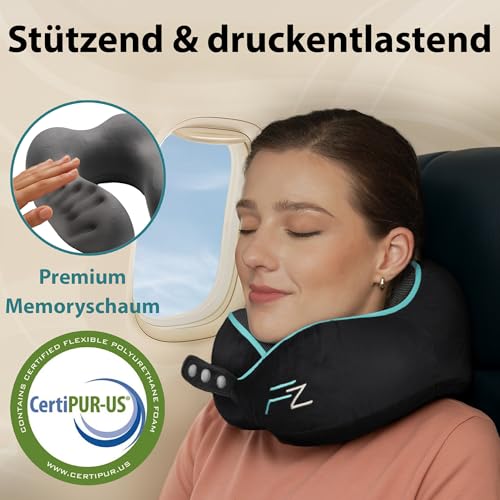 FLOWZOOM Comfy Nackenkissen für Flugzeug & Auto - Einstellbares Memoryschaum Nackenhörnchen mit flexiblen Druckknöpfen für 360° Stütze, atmungsaktiver waschbarer Bezug - inkl. Beutel - Schwarz
