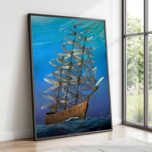 Toile d'animaux et bateau affiche décoration intérieure bleu