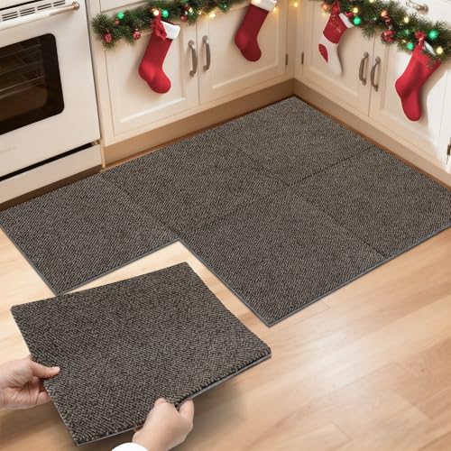 JSEI Kitchen Rugs Non Slip Machine Washable,Soft Kitchen Mats for Floor,6 Picecs Super Absorbent Kitchen Floor mat for Hallway,Office,Sink,Laundry,12"x12" Taupe 12" x 12''(6pc) Taupe