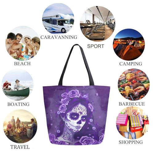 Fashion Extra Large Shoulder Grocery Tote Bag, Sugar Skull Makeup Girl Purple Canvas Daily Handle Bag for Gym Yoga Weekender Beach Travel Picnic Kitchen Reusable Market Shopping3