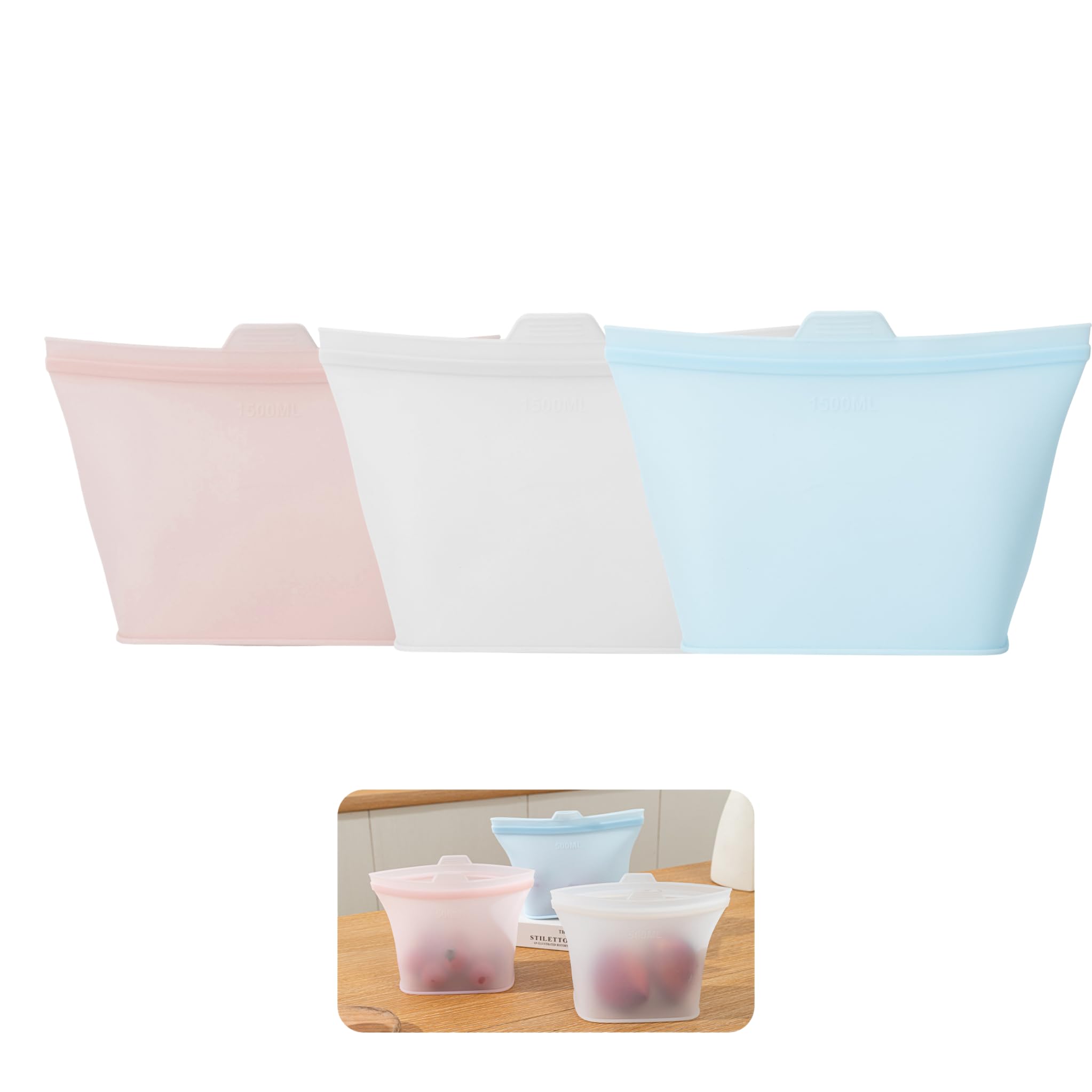 Everbag, 3 sacchetti riutilizzabili in silicone per alimenti, 500 ml