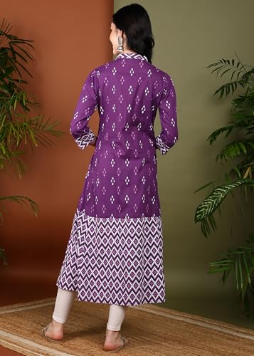 Image of Yash Gallery Women's Cotton Relaxed Fit A Line Rayon & Cambric Zig-Zag Printed A-Line Kurta