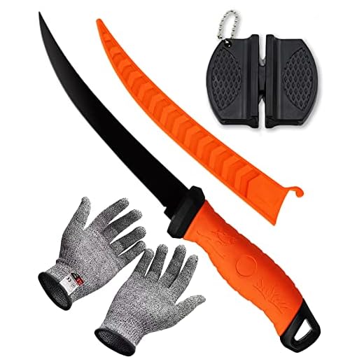 Fish Fillet Knife, 7 Inches Professional Fishing Fillet Knife Set Stainless Steel Blade in Corrosion Resistant Coating, with Sharpener and Cutting Resistant Gloves, for Fishing and Outdoor, Orange