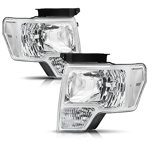 BRYGHT Headlight Assembly Fit for 2009 to 2014 Ford F150 Pickup Passenger & Driver Side, Chrome Housing & Clear Reflector