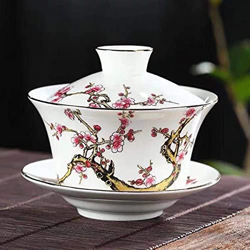 Image of YBK Tech 10oz Large Gaiwan, Porcelain Kung Fu Tea Cup and Saucer with Lid, Chinese Traditional Gaiwan, Sancai Tea Bowl - Embossed Plum Patterns (White)