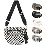 Spacious Nylon Checkered Crossbody Bum Bag for Women, Fashion Checkerboard Fanny Pack Purse with Anti-theft Pocket, Adjustable Wider Strap Wasit Bag (Black-White)