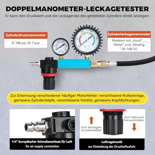 46-tlg Profi Kompressionstester Satz KFZ Druckverlustprüfer Motoren Prüfer kompatibel mit Diesel- und Benzinmotoren, Kompressionsprüfer mit Adapter für PKW, LKW, Motorräder