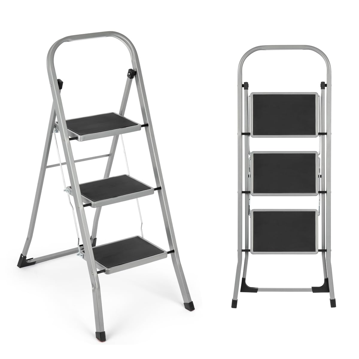 3 Step Ladder | Portable Folding Ladders | Lightweight Sturdy Steel Ladder | Anti Slip Feet | Non-Slip Safety Treads | Easy to Store Step Stool | DIY Gardening Kitchen Garage | 150kg Capacity, Grey