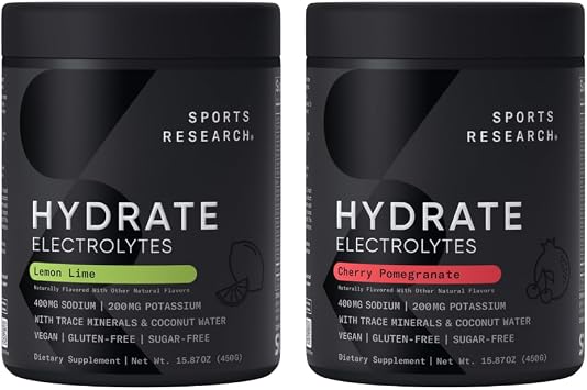 Sports Research Hydrate Electrolytes Powder - Sugar-Free & Naturally Flavored with Vitamins, Minerals, and Coconut Water - Supports Hydration - Cherry Pomegranate & Lemon Lime