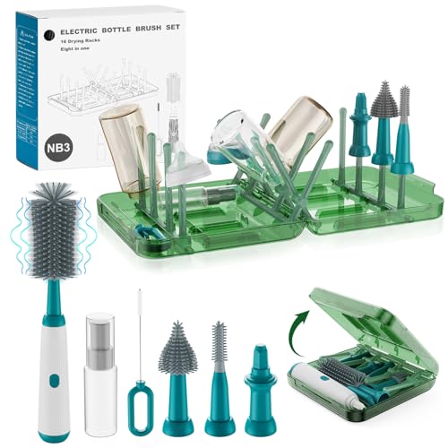 Image of Electric Bottle Brush Cleaner,Baby Travel Essential 8 in 1 Baby Bottle Cleaner Kit with extendable Silicone Bottle Brush,Drying Rack,Soap Dispenser,Organizer Case,USB Waterproof bottle cleaner (Green)