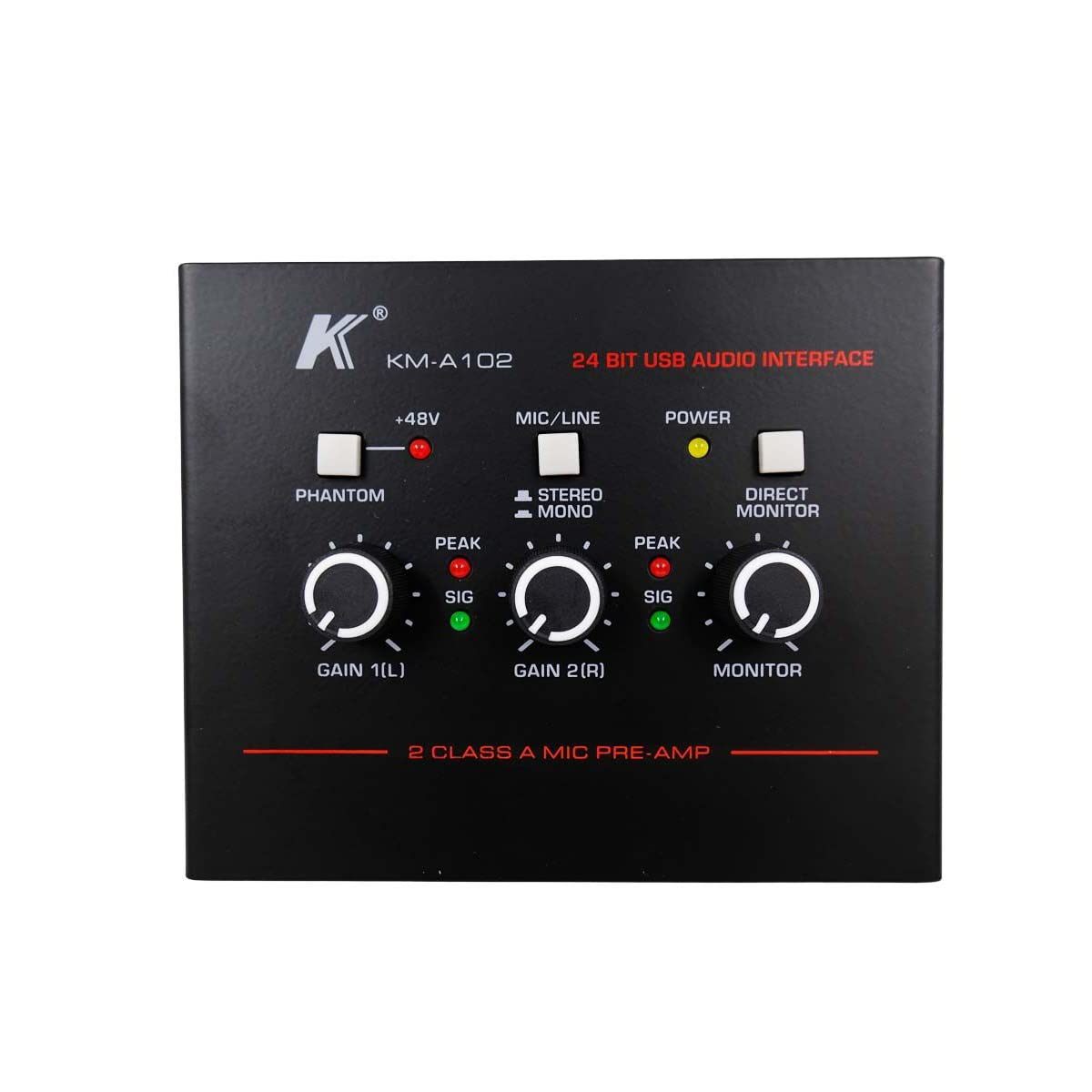 K KM-A102 Interfaz de audio para USB, 2 preamplificadores de mezcla (jack/XLR), Phantom Power