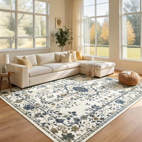 UKISS Washable Rugs 5'x7' Area Rugs for Living Room ，Ultra Silky Floral Rug for Bedroom, Vintage Indoor Floor Large Area Rug，Non Slip Low Pile Carpets for Home Office Blue - image 1