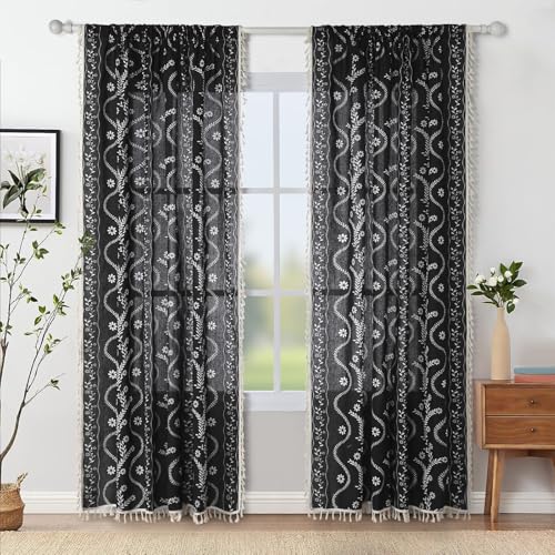 Image of Schweek Black Boho Curtain Tassel 96 Inches Length 2 Panels for Living Room