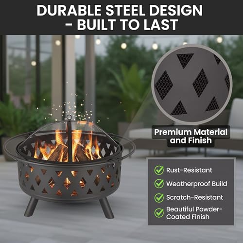 Pure Garden Outdoor Fire Pit with Cross Weave Pattern, Black, 32-Inch - Image 3