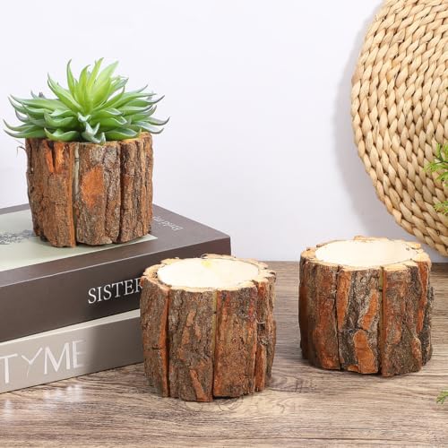 Image of Housoutil Wooden Vase for Centerpieces, 3 Pack Wood Flower Vase Rustic Tree Stump Planter Pots, Wooden Bark Flower Bucket for Wedding, Farmhouse Christmas Table Decor, Round Bark Stump Pots （9cm*8cm）