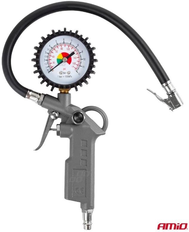 Pneumatic tire inflating gun with an integrated pressure gauge and flexible hose