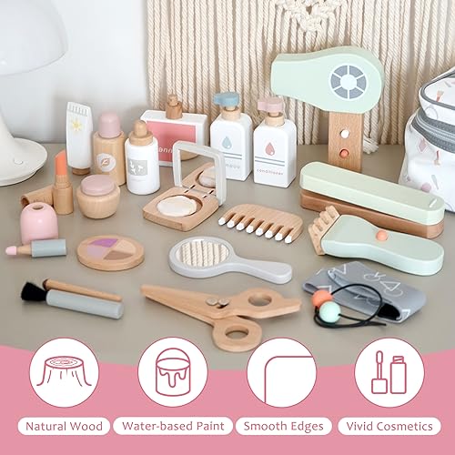 Image of 22PCS Wooden Makeup Toy Set,Toddler Makeup Kit,Cute Fake Makeup Accessories with Storage Bag,Non-Toxic Pretend Roleplay Beauty Salon Toy,Kid Gift for Girl Boy 3 4 5 6(Verified by Transparency)