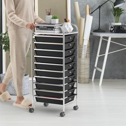 OFFICEJOY Storage Cart, Rolling Utility Cart with 10 Drawers, Portable Handles & Lockable Wheels, Mobile Paper Toys Storage Organizer Large Capacity for Home Office School Teacher (Black) - Image 2