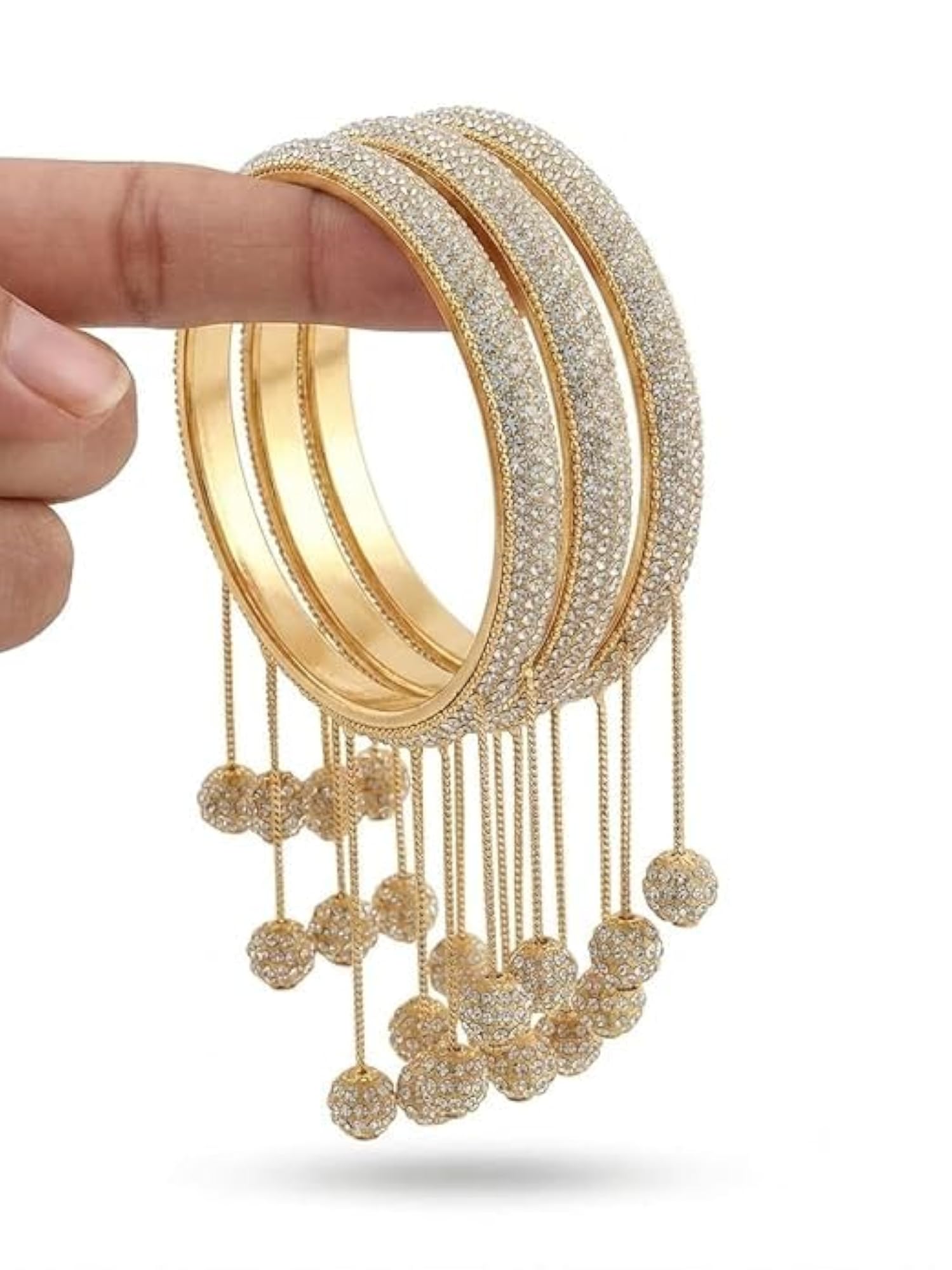 Crystal Stone Bangles Set of 4 with Hanging Ball Charms