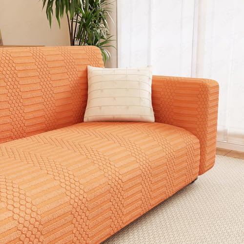 Image of Lukzer 2 Seater Pastel Orange Dotted Stripe Pattern Sofa Cover | 240 GSM Universal Stretch Fit Jacquard Fabric Couch Protector | Fully Covered Anti Slip & Washable Sofa Cover (SC-069-02 /140-180cm)