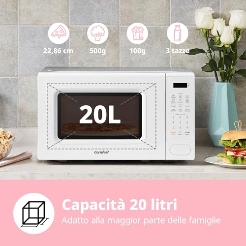 COMFEE' Forno a Microonde Digitale, 700W, 20L, 6 Menù Preimpostati, Express Cook, 11 Livelli di Potenza, Scongelamento, Funzione di Memorizzazione - Bianco - CM-E202CC(WH) - immagine 3