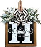 2024 New Last Name Year Round Front Door Wreath Front Porch Decoration 26 Letter Welcome Sign with Eucalyptus Garland and Bow Spring Wreaths for Front Door Outside Hanger Garland (H)