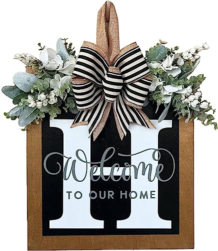 Last Name All Year Round Front Door WreathFront Porch Decoration 26 Letter Welcome Wreath Eucalyptus and Bow Wreath for Spring Summer Autumn Winter Wall Window Porch Farmhouse DecorationH