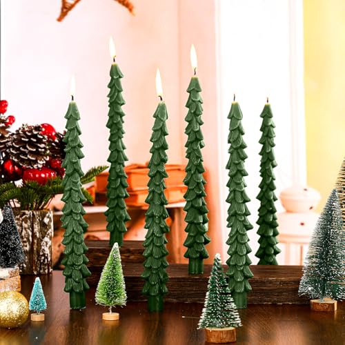 MTLEE 6 Pcs Christmas Tree Shaped Taper Candles Unscented Tree Candle Decorative Christmas Tree Candles Gift for Christmas Kwanzaa Festival Celebration Decor (10 Inch,Green)