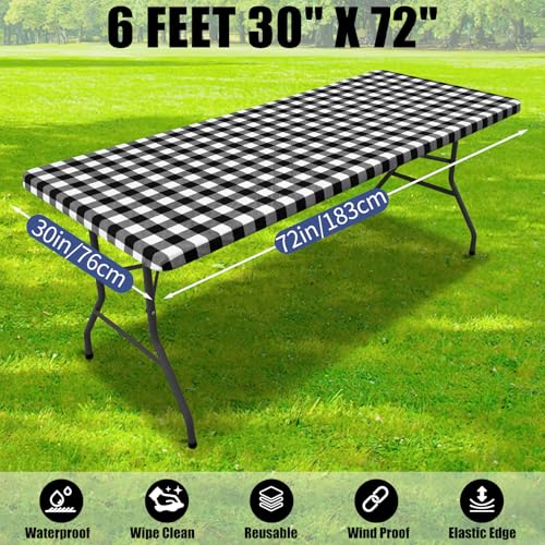 Smiry Picnic Table Cloth 2 Pack, Waterproof Elastic Fitted Tablecloths for 6FT Rectangle Tables, Washable Polyester Buffalo Plaid Tablecloth for Camping, Dining & Outdoor (Black & White, 30" x 72") by Smiry - Image 8