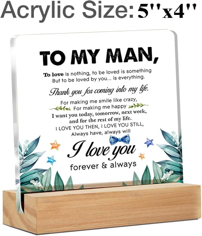 Image of Bs amor Romantic Gifts for Him Men, Thank You Gift for Husband Boyfriend Birthday Christmas Valentine's Day, to My Man Clear Acrylic Sign 5 x 4 Inches