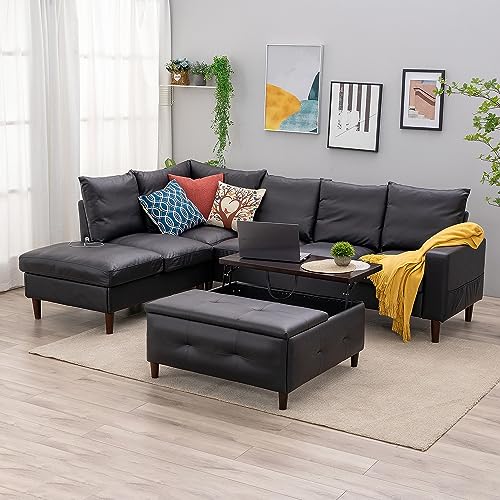 Panana 6 Seater Sectional Sofa Modern L Shape Corner Chaise Sofa Sectional Sofa Couch for Apartment Sectional Set with Built-in USB Port (Black Leathaire, 6 seater corner with USB port chaise)