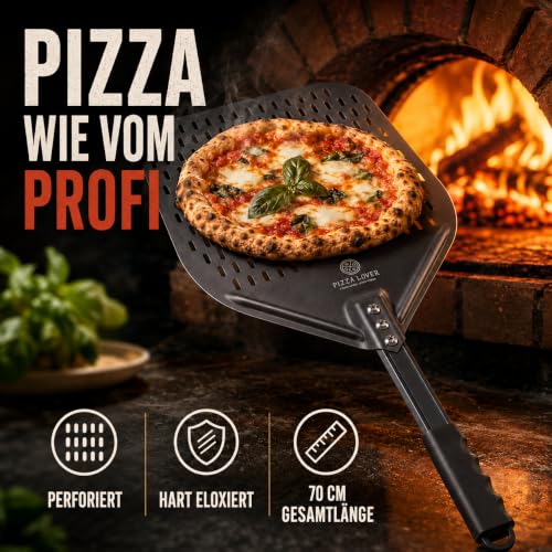 Foto von Pizza Lover® hochwertiger Pizzaschieber perforiert 30 x 30 cm Pizzaschaufel aus harteloxiertem Aluminium (Antihaft) Pizzaheber für hausgemachte Pizza & Brot ideal für Pizzastein, Backofen & Grill