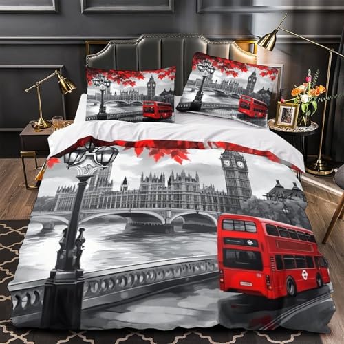 JQKZXNHPDR London Housse de Couette Microfibre Hypoallergique 3D Effet 3 Pièces Éclair Douce Cityscape Parure de Lit Ultra Douce Léger for Enfant Single(135x200cm)