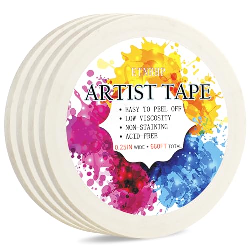 ETNRHP 4 Packs White Artist Tape for Watercolor Paper Drafting Art Low Tack Masking Tape Acid Free Painter Watercolor Tape for Painting Canvas Framing 0.25inch Wide 660FT Long Total