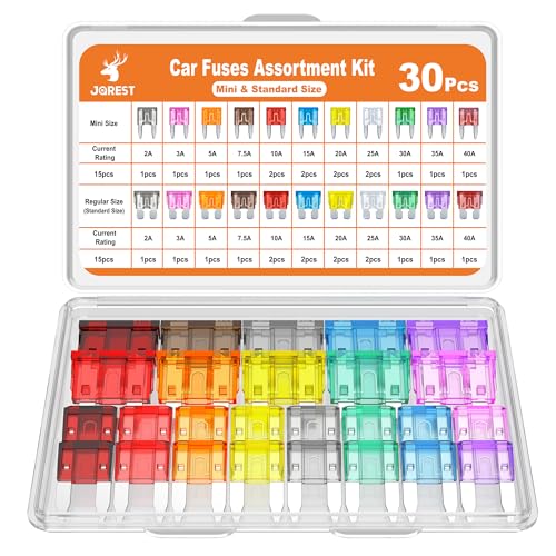JOREST 30Pcs Mini &amp; Standard Car Fuse Assortment Kit, 15 Mini Blade Fuses Automotive + 15Standard Auto Fuses - for Car/RV/Truck/Motorcycle(2Amp 3A 5A 7.5A 10A 15A 20A 25A 30A 35A 40A)