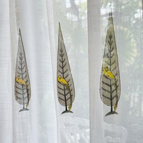 Image of Tranquebar Curtain Co. Sheer Curtains 5 Feet, Linen Textured Sheer Fabric, 20-30% Light Filtering, Yellow Ethnic Curtains Bird Print, White Sheer Curtains, BackTab Loops, Tori (152 cm) - Set of 2