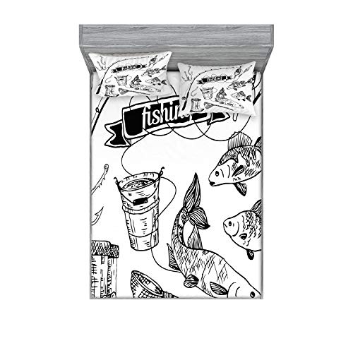 Ambesonne Fishing Fitted Sheet & Pillow Sham Set, Hand Drawn Tools Set Rod Salmon & Perch Bucket Net Float Ribbon Print, Decorative Printed 3 Piece Bedding Set, King, White & Black, bswpil_21304_King