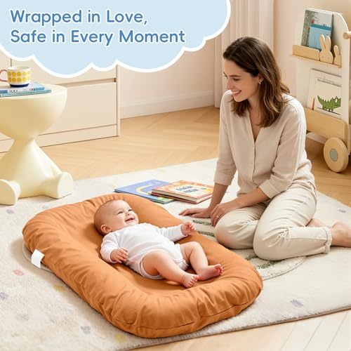 Image of Baby Lounger for Newborn 0-12 Months,100% Cotton Breathable Infant Lounger, Baby Shower Gift, Portable Lightweight Baby Nest for Home & Travel(Caramel Brown)