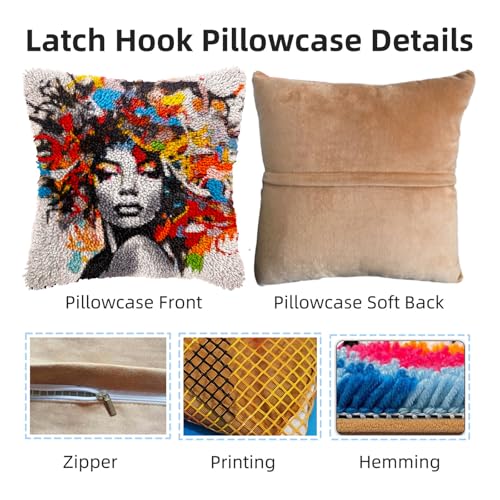 Image of Graffiti Abstract African Woman DIY Latch Hook Pillow Kits for Adults Printed Pillowcase Crochet Yarns Hooking Handmade Pillow Cover Cushion for Home Sofa Decoration 17x17inch(1)