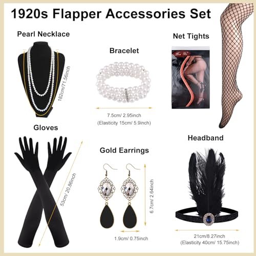 PLULON 1920er Pailletten-Perlen-Fransen-Flapper-Kleid mit 20er-Accessoires-Set (Schwarz)