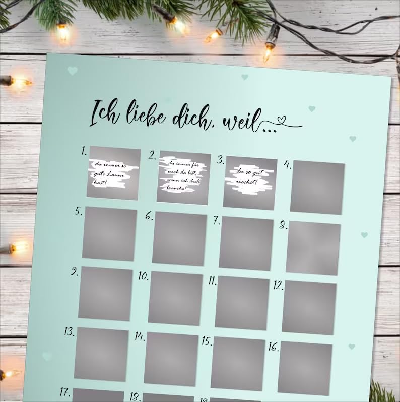 Adventskalender zum Rubbeln „ICH LIEBE DICH“ Weihnachtskalender,Adventskalender für Weihnachten,Postkarte für Adventskalender „Ich liebe Dich“.