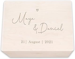 hellomini Personalisierte Erinnerungskiste aus Holz - Geschenk zur Hochzeit | Individuell mit Namen & Datum - Hochzeitsgeschenk/Hochzeitskiste (Herz, S: 30x20x14cm)
