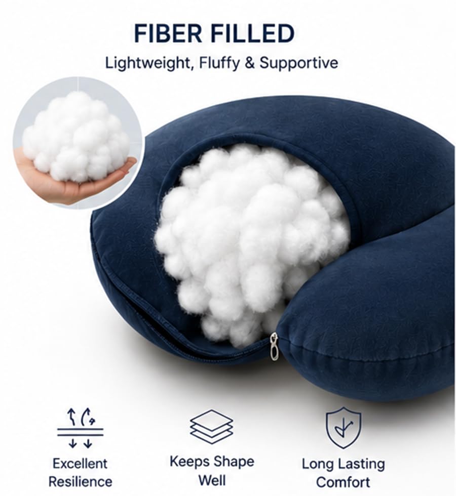 Image of Travel Neck Pillow for Adults, Fiber Filled U-Shaped Neck Support Pillow with Button Closure, Soft Plush Neck Cushion for Airplane, Car, Office & Travel (Light Blue)